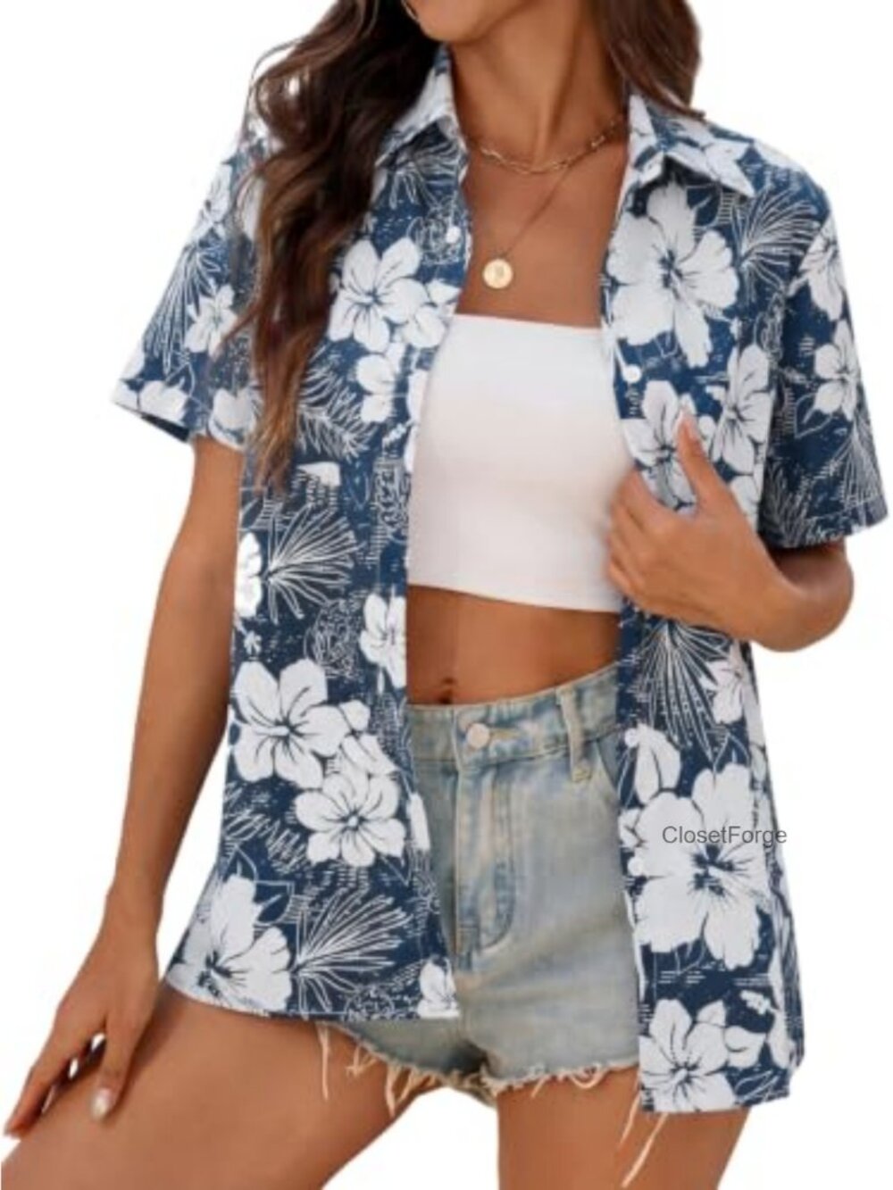 Women's Hawaiian Button Down Short Sleeve V-Neck Floral Resort Shirt